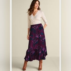 Soft Surroundings Velour Tiered Midi Skirt Purple Floral Size MP M Petite NWT